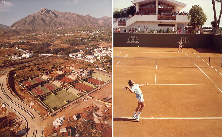 Left: View of the Tennis Club under construction in 1979. Right: Manolo Santana vs Bjorn Borg (1982) at Puente Romano Tennis Club
